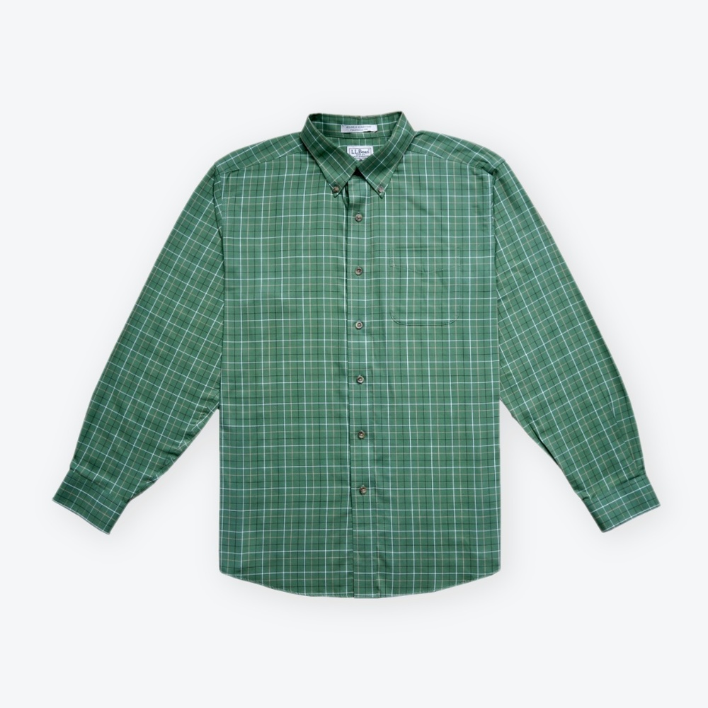 LL Bean Mens Large Green Check Cotton Shirt